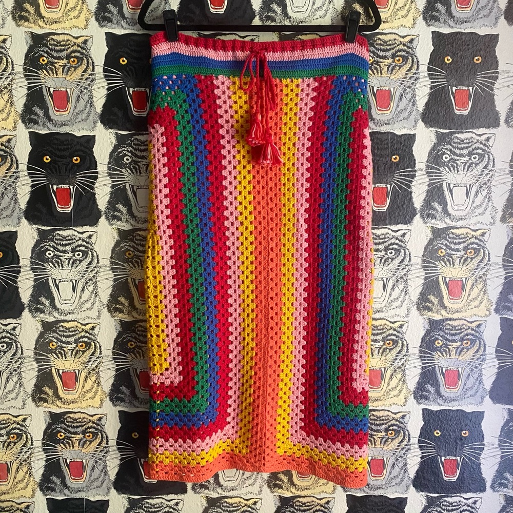 Farm Rio Striped Scarf Crochet MIDI Skirt NWT